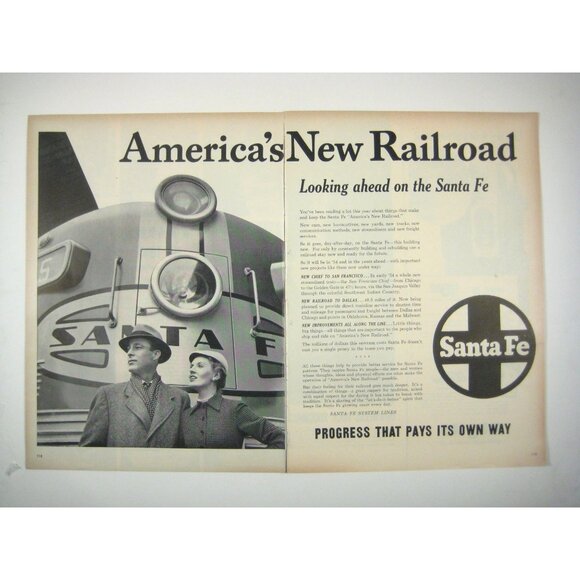 Vintage 1953 Santa Fe Railroad Print Ad 2 Page Americas New Retro Train Fashion - Picture 1 of 2